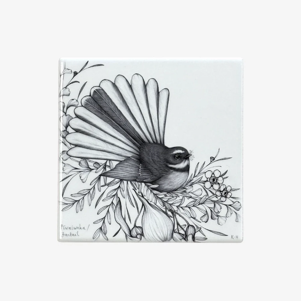 Ceramic Coaster - Piwaiwaka / Piwakawaka Fantail - Katy Hayward Art