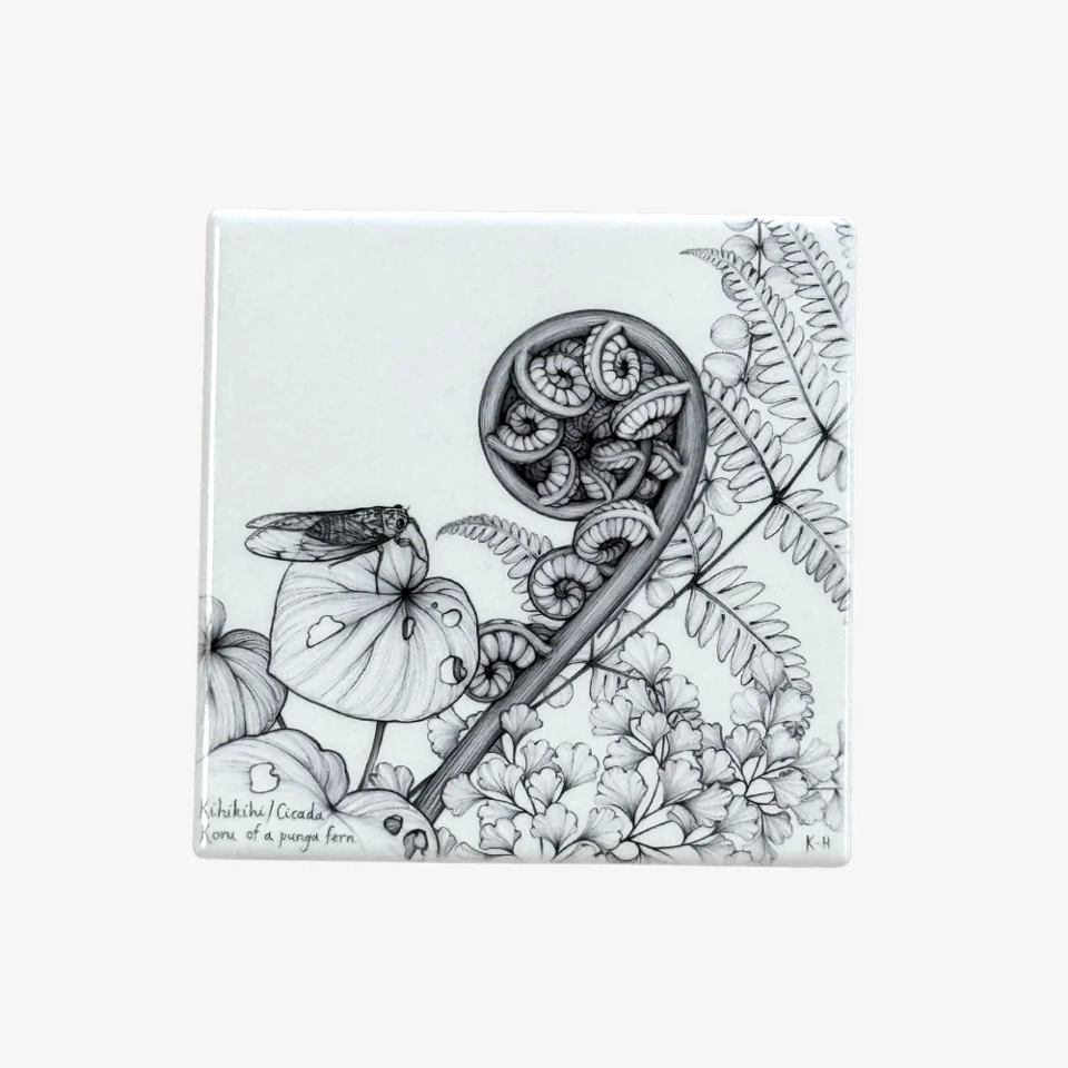 Ceramic Coaster - Kihikihi Cicada and Koru of a Punga Fern - Katy Hayward Art